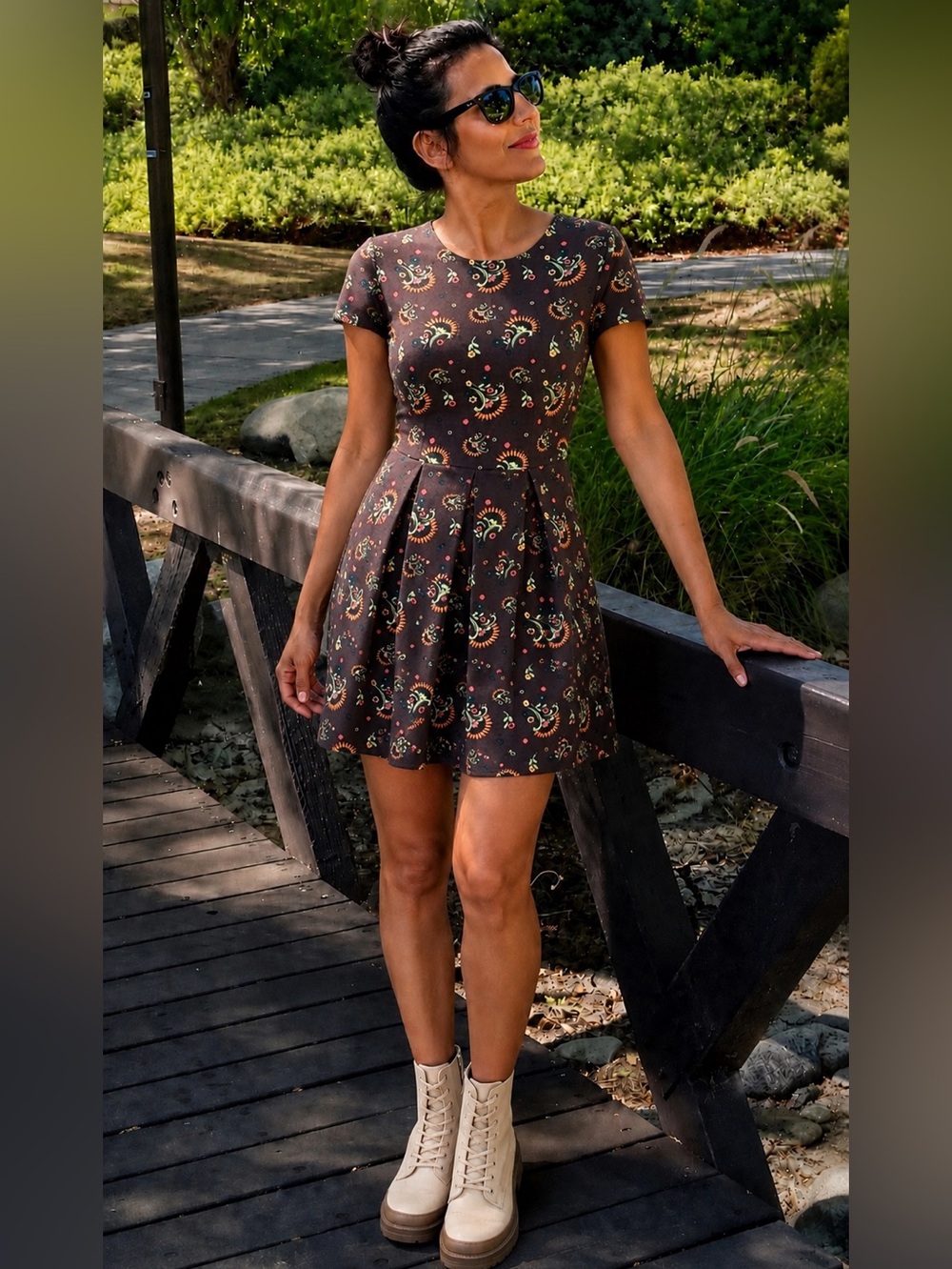 Matilda Jane Floral Fit & Flare Dress XS Brown Retro Print